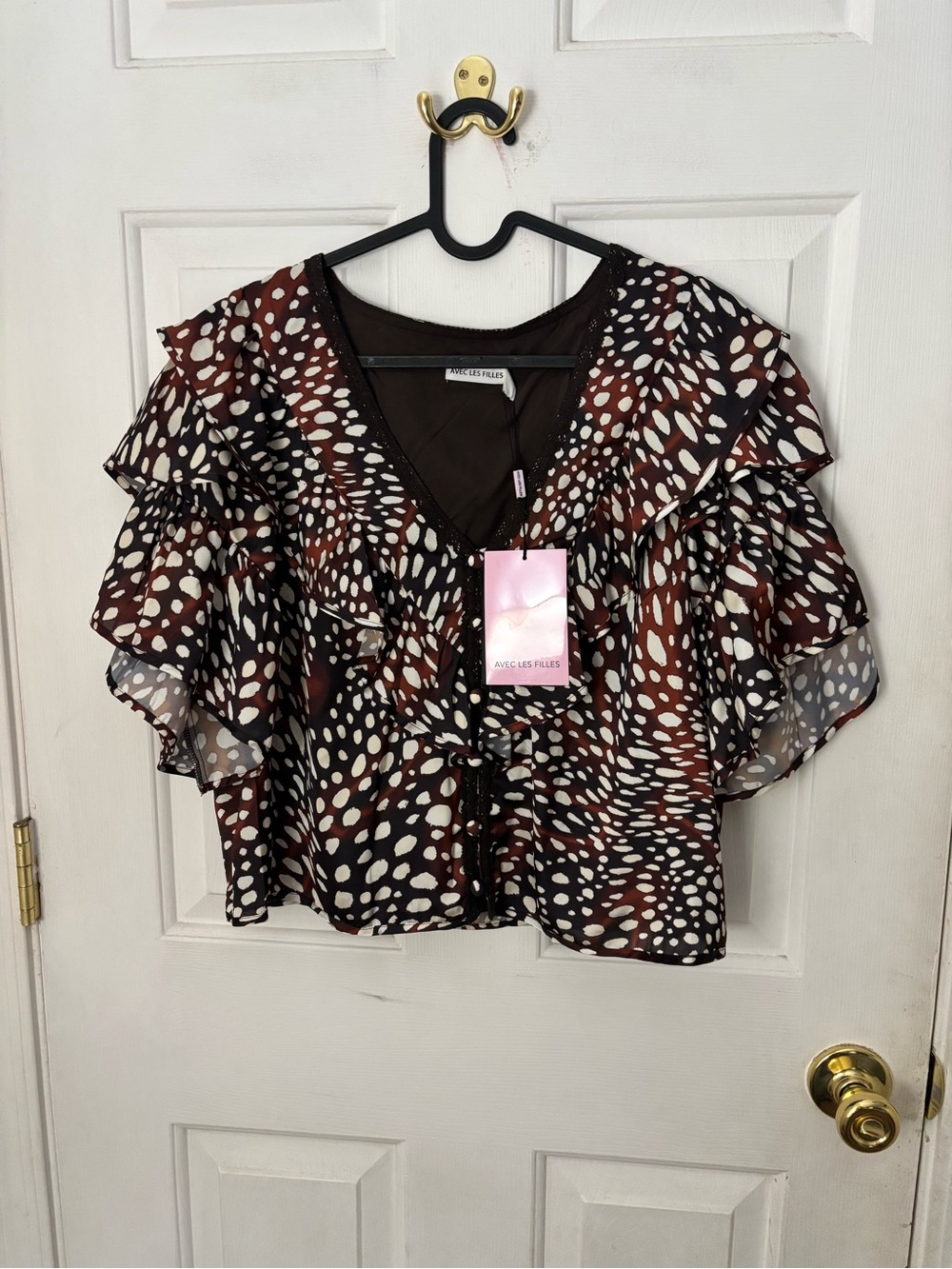 Avec Les Filles Brown and Cream Dot Ruffle V-Neck Blouse